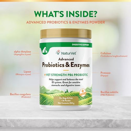 NaturVet – Advanced Probiotics & Digestive Enzymes - Plus Vet Strength PB6 Probiotic | Supports and Balances Pets with Sensitive Stomachs & Digestive Issues | for Dogs & Cats