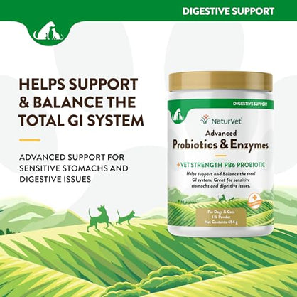 NaturVet – Advanced Probiotics & Digestive Enzymes - Plus Vet Strength PB6 Probiotic | Supports and Balances Pets with Sensitive Stomachs & Digestive Issues | for Dogs & Cats