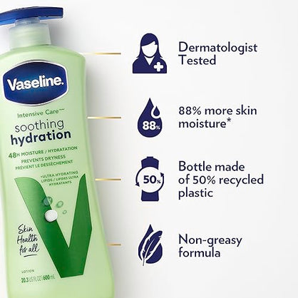 Vaseline Intensive Care Body Lotion for Dry Skin Soothing Hydration with Ultra-Hydrating Lipids + 1% Aloe Vera Extract to Refresh Dehydrated Skin 20.3 oz