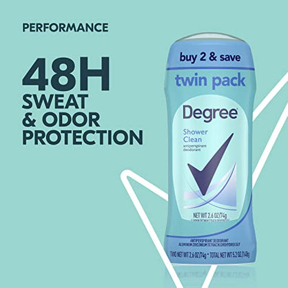 Degree Antiperspirant Deodorant Shower Clean Twin Pack 48-Hour Sweat and Odor Protection Antiperspirant for Women 2.6 oz