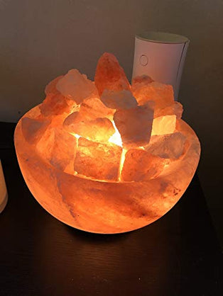 Pink Salt Himalayan Organic Fire-Bowl Shaped Lamp with Wooden Base – Home Improvement Crystal Lamps – Warm Light Pink Crystal Lamps – Home Décor
