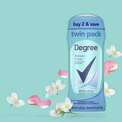 Degree Antiperspirant Deodorant Shower Clean Twin Pack 48-Hour Sweat and Odor Protection Antiperspirant for Women 2.6 oz