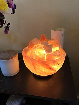 Pink Salt Himalayan Organic Fire-Bowl Shaped Lamp with Wooden Base – Home Improvement Crystal Lamps – Warm Light Pink Crystal Lamps – Home Décor