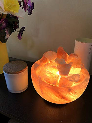 Pink Salt Himalayan Organic Fire-Bowl Shaped Lamp with Wooden Base – Home Improvement Crystal Lamps – Warm Light Pink Crystal Lamps – Home Décor