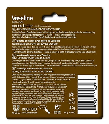 Vaseline Lip Therapy Stick, Cocoa Butter Variety Pack | Petroleum Jelly Vaseline Lip Balm | 4.8g each (4 Pack)