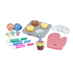 Melissa & Doug Bake & Decorate Cupcake Set (Pretend Play, Colorful Wooden Play-Food Set, Materials, 25 Pieces, 13” H x 10.4” W x 3” L)