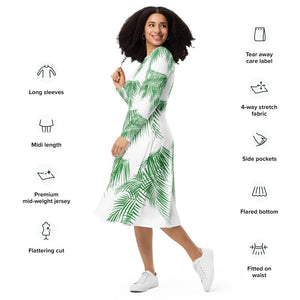 Women’s Long Sleeve Palm Leaf Print Midi Dress with Pockets | Flared A-Line Fit, Boat Neck, Soft Knit Jersey Fabric