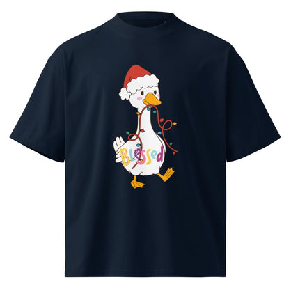 Blessed Duck Christmas T-Shirt | Cute Funny Holiday Tee Gift | Unisex Oversized 100% Organic Cotton Graphic Top French Navy