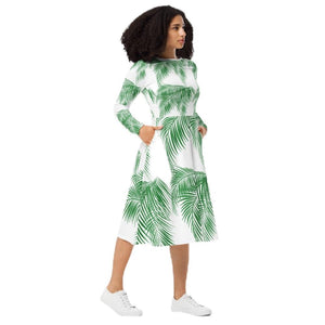 Women’s Long Sleeve Palm Leaf Print Midi Dress with Pockets | Flared A-Line Fit, Boat Neck, Soft Knit Jersey Fabric