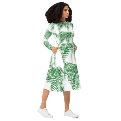 Women’s Long Sleeve Palm Leaf Print Midi Dress with Pockets | Flared A-Line Fit, Boat Neck, Soft Knit Jersey Fabric