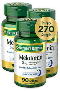 Nature's Bounty unflavored softgel Melatonin Relaxation and Sleep 5mg Bottle no Drug free