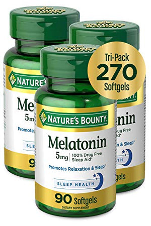 Nature's Bounty unflavored softgel Melatonin Relaxation and Sleep 5mg Bottle no Drug free