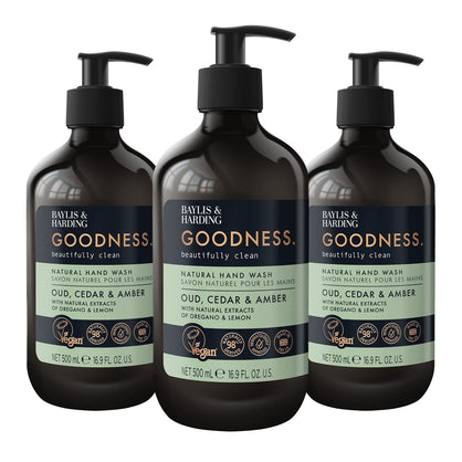 Baylis & Harding Liquid Hand Soap Wash with Dispenser, Goodness, Oud Cedar & Amber, 16.9oz/500ml (3-Pack)