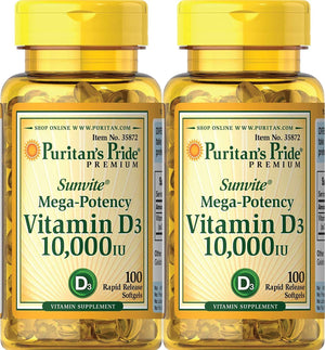 Puritan's Pride Vitamin D3 10,000 IU, 100 Count (2 Pack)