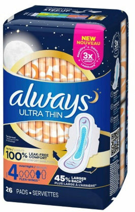 Always Ultra Thin Pads Overnight Flexi-Wings 26 Each (Pack of 3)