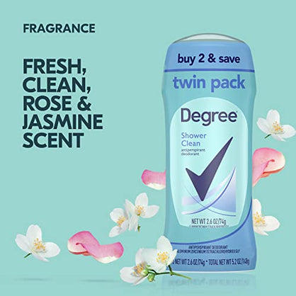 Degree Antiperspirant Deodorant Shower Clean Twin Pack 48-Hour Sweat and Odor Protection Antiperspirant for Women 2.6 oz