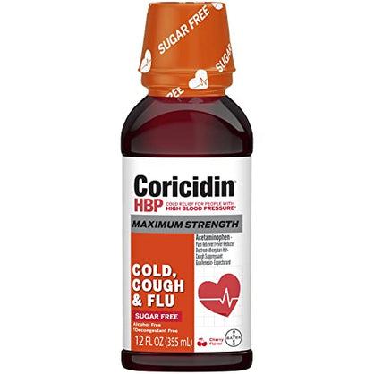 Coricidin HBP Maximum Strength Cold, Cough & Flu Sugar-Free Liquid - 12 fl oz